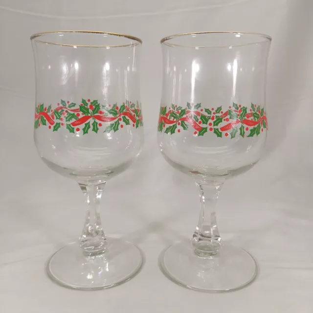 2 Vtg Libbey Holly Berry Ribbon Christmas Wine Glasses Water Goblets Gold Rim