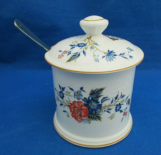 Crown Staffordshire Jam Jelly Pot & Lid PENANG Blue Orange Flowers Urn Spoon EUC 2