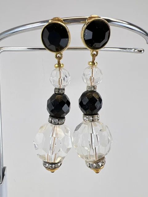 Ben Amun Crystal Black Gold Rhinestone Dangle Clip On Earrings Ben Amun Crystal Black Gold Rhinestone Dangle Clip On Earrings