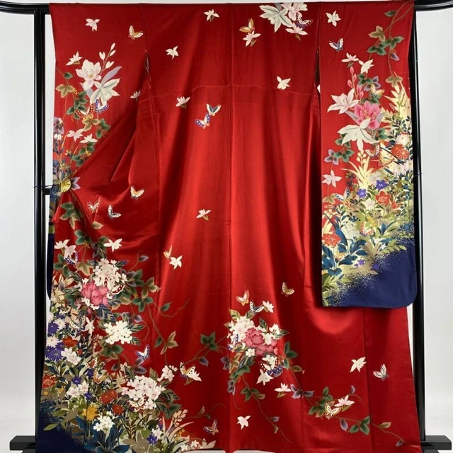 Woman Japanese Kimono Furisode Silk Butterfly Gold Silver Foil Red