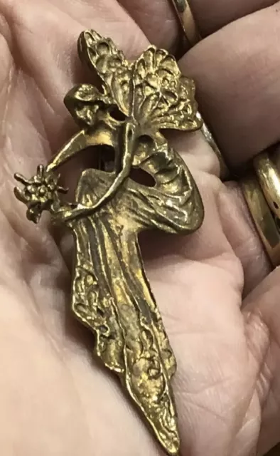 Antique Copper Art Nouveau 2.25" Flower Fairy Brooch Pin Pendant Loop At Back