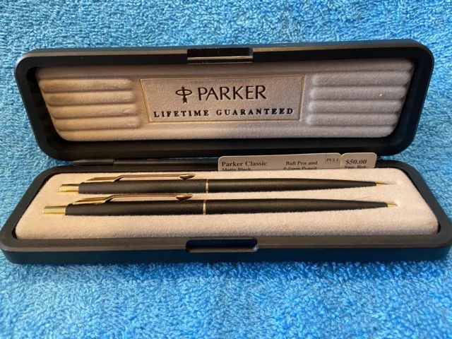 Vintage NIB PARKER CLASSIC Matte Black Ballpoint Pen & Pencil Set