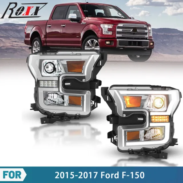 For 2015-2017 Ford F150 F-150 LED DRL Projector Headlights Chrome Clear Headlamp