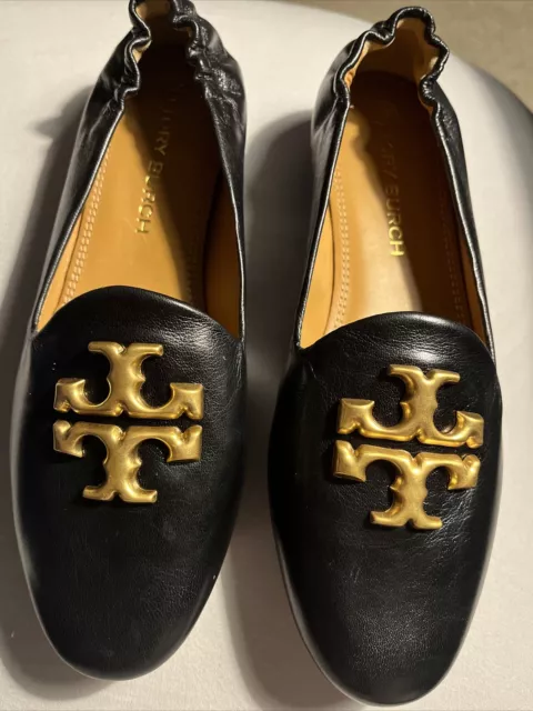 Tory Burch Eleanor Loafer Size 7  New Black Leather Gold-Tone Logo Free Shipping