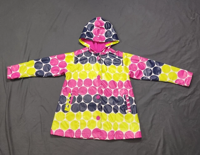 Hartstrings Girls Youth 5-6 Raincoat Lined Hooded Jacket Pink Green Polka Dots