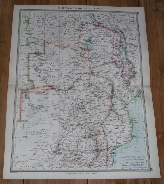 1908 Original Antique Map Of Rhodesia Zimbabwe / Zambia Mozambique / Africa