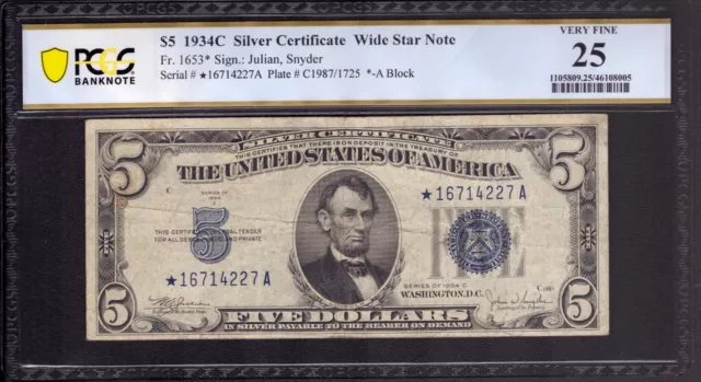 1934 C $5 Silver Certificate Star Note Fr 1653* Wide Pcgs B Very Fine Vf 25