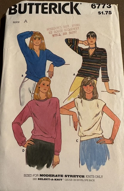 Vintage Butterick 6773 Pattern Misses Loose Fitting V Neck Top Size A UNCUT FF
