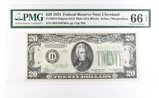 PMG 66 Gem Unc EPQ 1934 $20 Cleveland, OH US FRN Green Seal Fr#2054-Ddgsm *0932