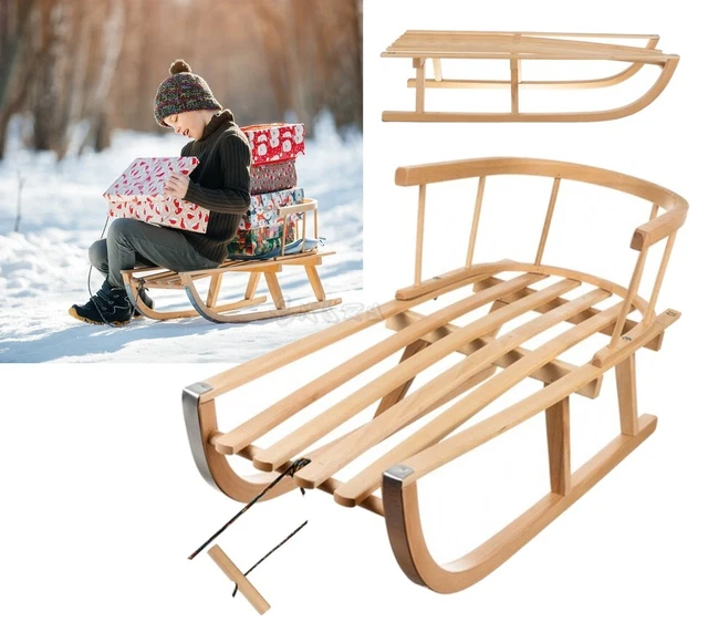 GaGadumi Slitta In Legno 90 Cm Con Schienale E Fune Da Tirare, Slitta Resistente, Slitta Da Neve, Slitta Davos Per Bambini E Adulti, Slitta In Legno FSC