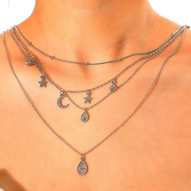 Pendant Crystal Women Moon Boho Necklace Jewelry Star Chain Multilayer Choker