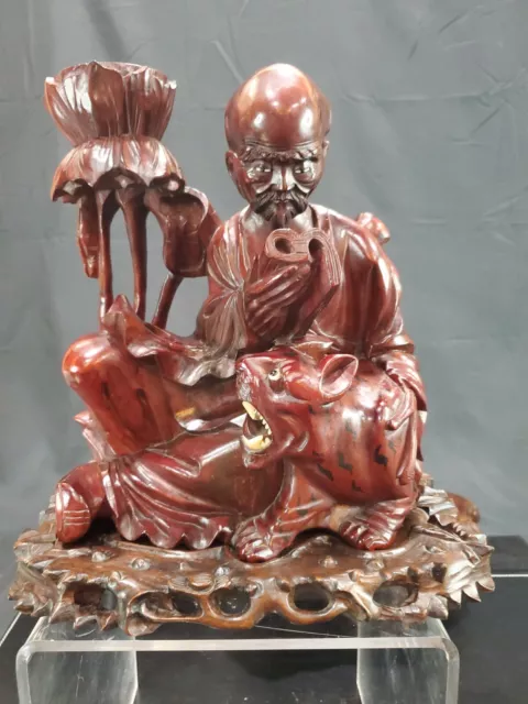 19th Chinese Carved Boxwood Figure Of A Seated Lohan And Tiger Figurine