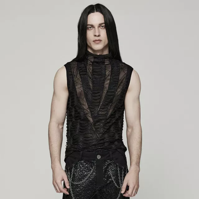 Punk Rave Elastic Splicing Sleeveless Men T-Shirt Spider Mesh Broken Hole Vest