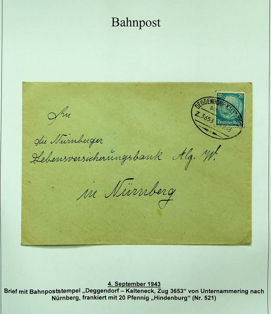 Deutschland 1943 WWII Bahnpost Abdeckung W/20pf Hindenburg, Unternammering Sich