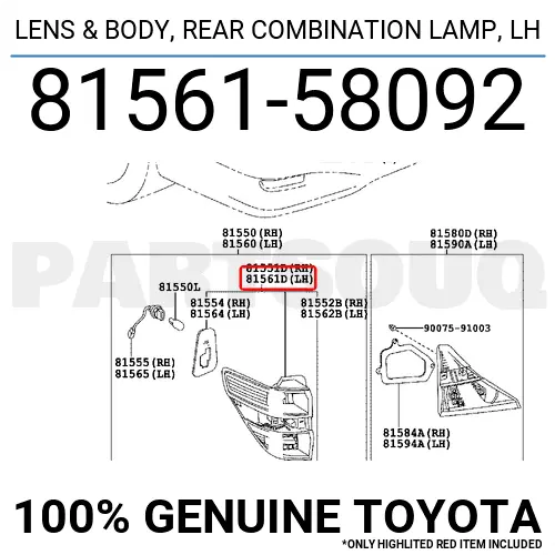 8156158092 Genuine Toyota LENS &amp; BODY, REAR COMBINATION LAMP, LH OEM