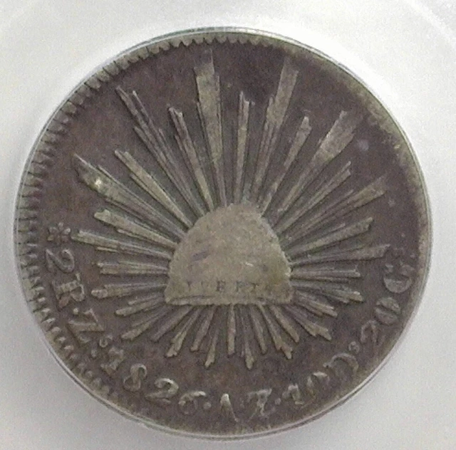 MEXICO ~ 1826-Zs,AZ SILVER 2 REALES ~ ICG VG10 ~ KM# 374.12 INVERTED "V"