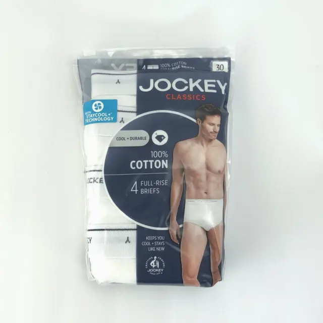 Jockey Classics 4-Pack Full-Rise Briefs 100% Cotton Staycool Mens Size 30 White