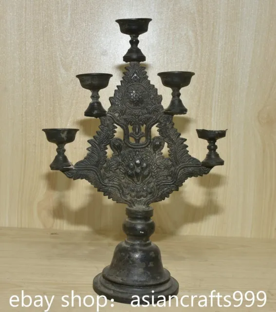 11.6" Alte chinesische schwarze Bronze Blume Blatt Muster Lampe Halter Statue