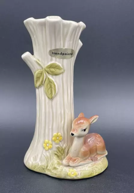 Vintage OMC Otagiri Fawn Baby Deer Hand Painted Bud Vase Holder 5 1/2" Japan EUC
