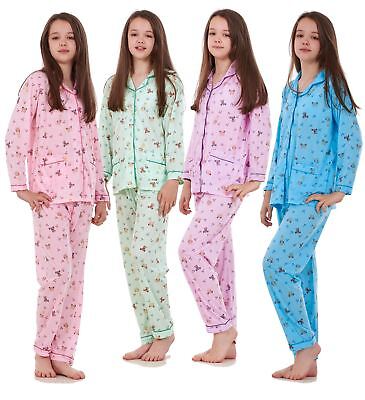 Kids New Girls Pyjamas Teddy print Long Sleeve Pocket Soft Nightwear Year 4 to14