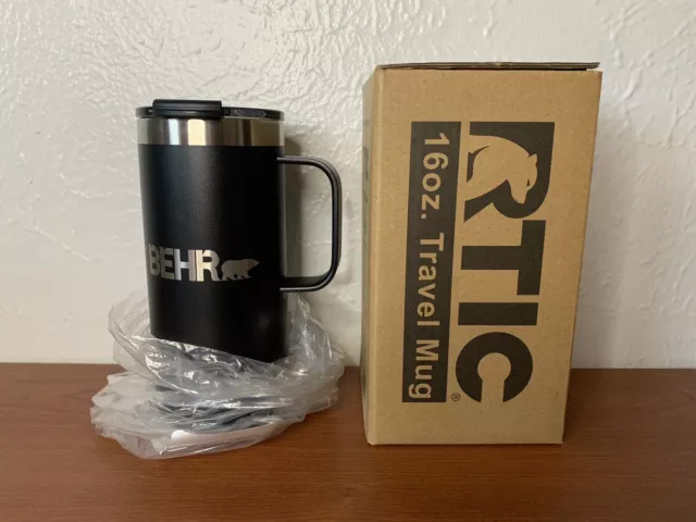 RTIC 16oz Black Travel Coffee Cup Stainless Double Wall Insulated Behr Logo