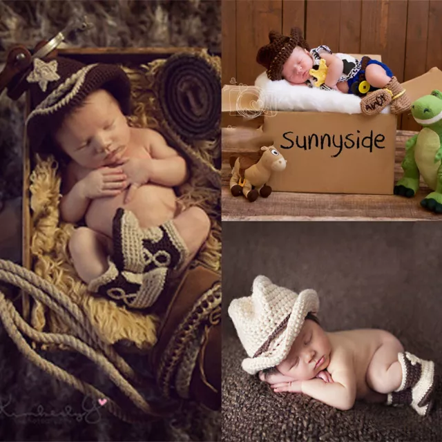 Lovely Cowboy Newborn Baby Boy Girl Knit Crochet Costume Photo Prop Outfit Set