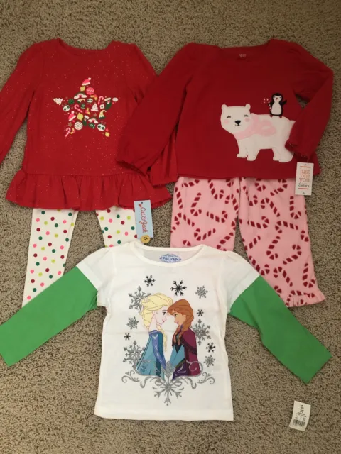 New Cat & Jack 3T Girls Christmas 2pc Outfit, Frozen Shirt, Carter’s Fleece PJ’s