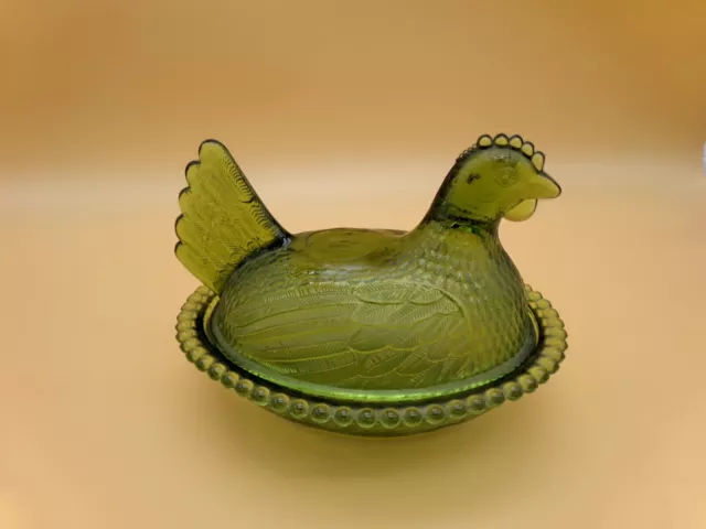 Vintage Indiana Glass Green 7” Hen on Nest Candy Trinket Dish