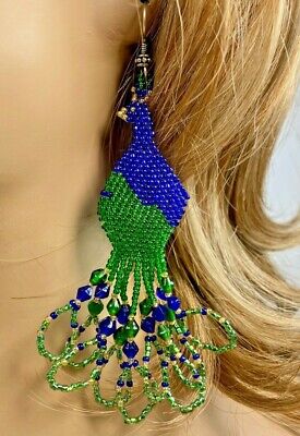 Native Style Ethnic Blue Green Peacock Beaded Handmade Hook Earrings E4/1