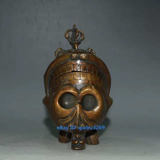 Collect  Asian Chinese Old Brass Hand-carved Skull Buddhism Incense burner 21238