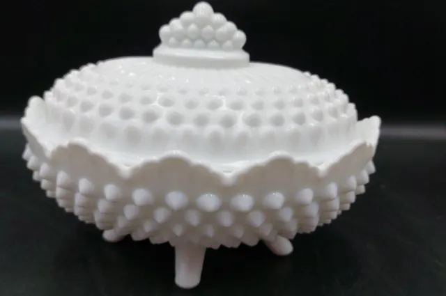 Fenton White Milk Glass Hobnail Oval Footed Covered Candy Dish with Lid (W07)