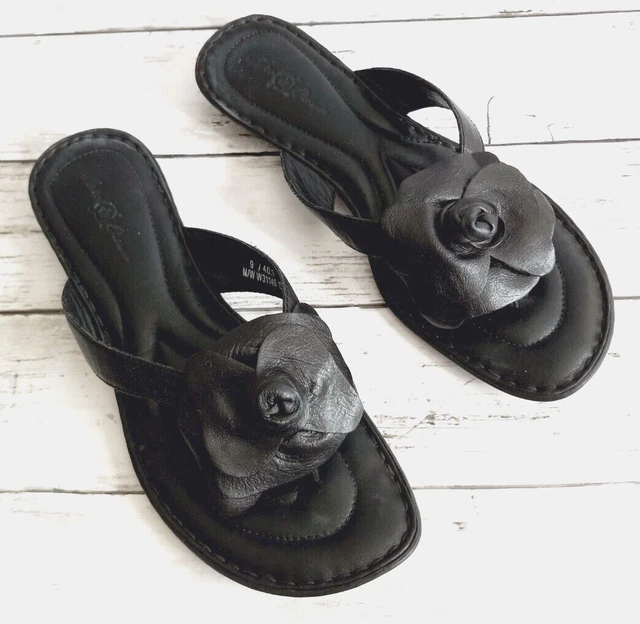 Born Women's 9 M/W Black Leather Thong Flowers  Flip Flop Slide Sandals