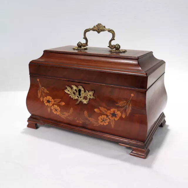 Antique English Georgian Style Inlaid Mahogany Bombe Shaped Tea Caddy