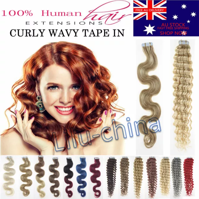 18" 22" Tape In Curly & Wavy 100% Remy Human Hair Extensions Thick Skin Weft AUS