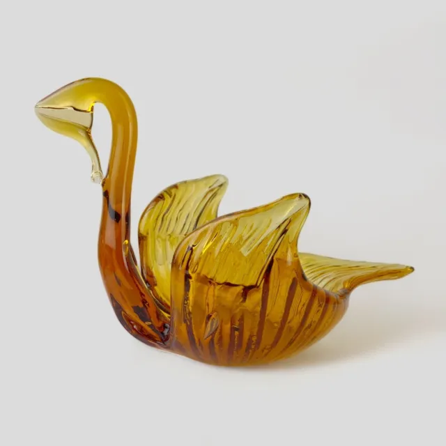 Vintage Fall Decor Amber Hand Blown Glass Swan Candy Trinket Dish