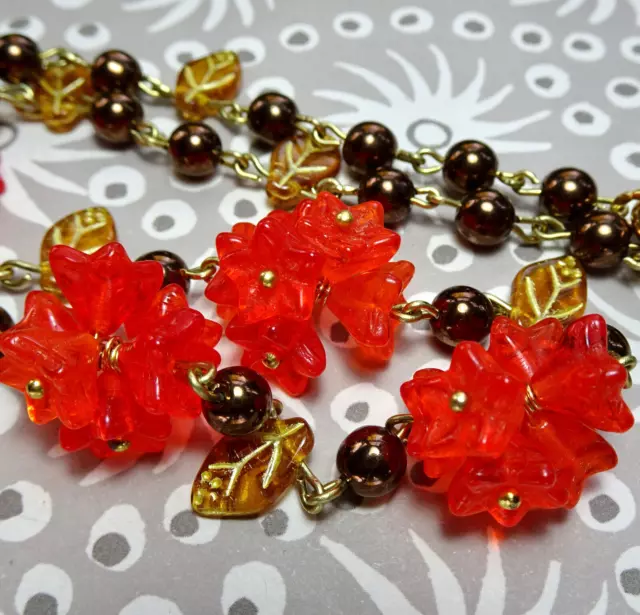 vintage art deco style Czech red bronze gold glass flower bead necklace -T39