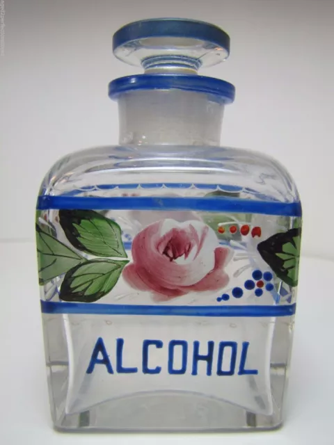ALCOHOL Antique Apothecary Drug Store Square Glass Bottle Hand Painted Jar Blue