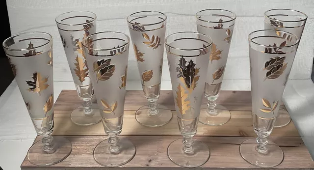 Vintage Libbey Frosted Glass Gold Leaves Pilsner Glasses MCM 8.5" Set Of 8