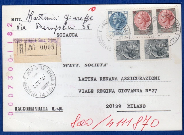 ITALIA - CART. RACC. RR AFF. con 2x5+2x130+200 L SIR. da SCIACCA(AG) il 2-3-1977