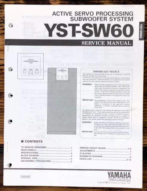SUBWOOFER　PicClick　Service　Manual　*Original*　£15.81　UK　YAMAHA　YST-SW60