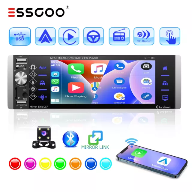 Single 1Din 5" Apple Carplay/Android Auto Autoradio Touchscreen FM Player Kamera