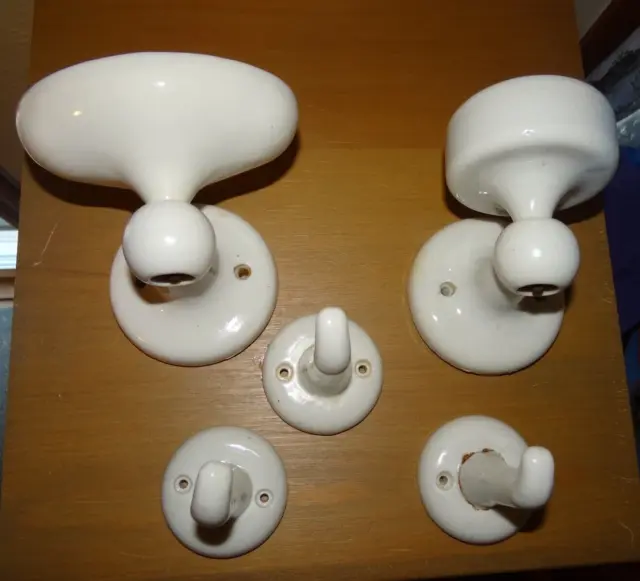 Vintage White Porcelain wall oval soap cup 3 towel robe hook lot UNUSUAL mount