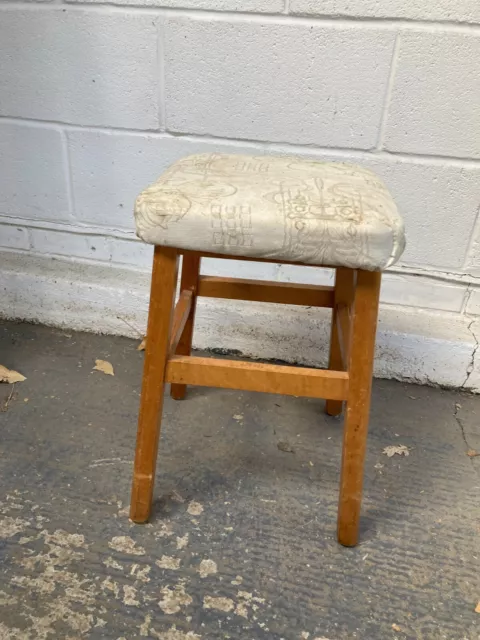 Vintage Mid Century Brown Wooden Footstool with Fabric Seat