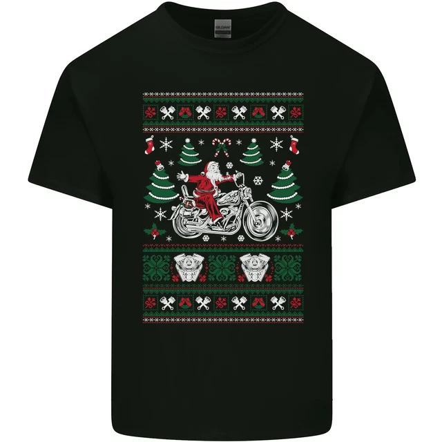T-shirt top Christmas Biker Babbo Natale moto da uomo cotone