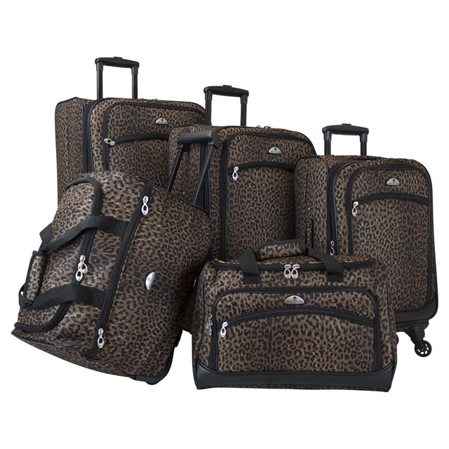 American Flyer Animal Print Fabric 5 Piece Spinner Luggage Set in Leopard Black