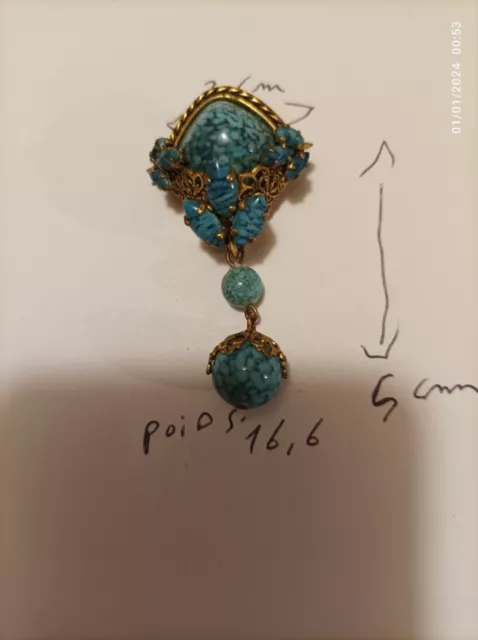 Broche Bijou Ancien Vintage-   Turquoise - 16.6 Cm X 5 Cm . Poids 16.6 Gr .