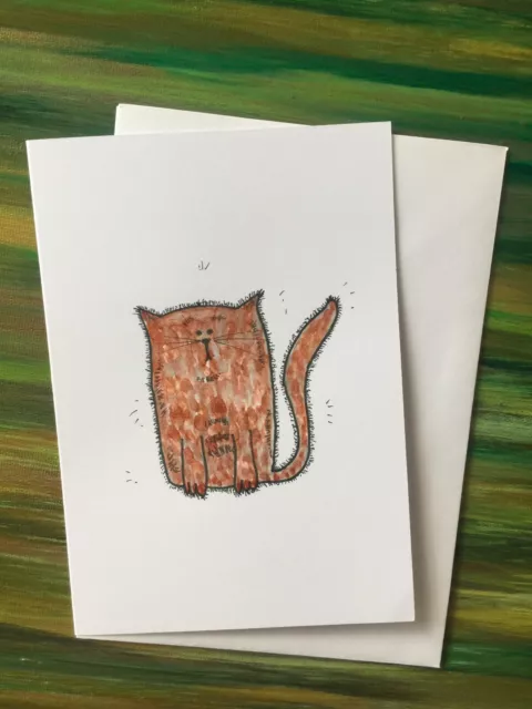 Original handbemalte Grußkarte braun silber Katze, verrückte Katze Dame, Katze Vater