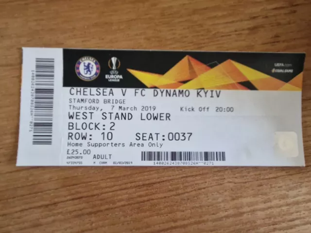 2018/19 Chelsea Vs Dynamo Kiev Europa League Ticket Very Good Condition