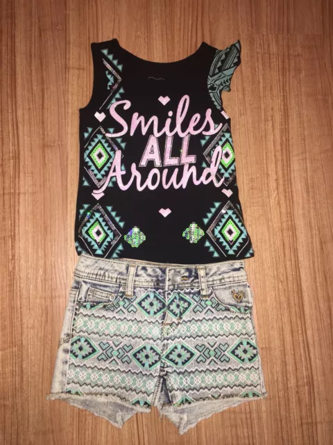 Justice Girls Aztec Summer Outfit jean Shorts Sleeveless Shirt Size 5