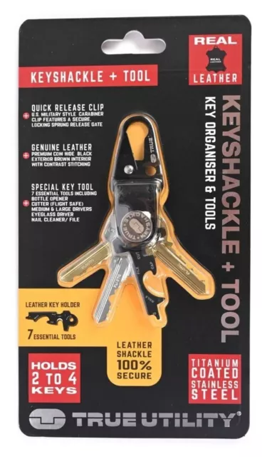 True Utility Keyshackle+, Key Organiser, 7in1 MultiTool, Black, Leather BNWT